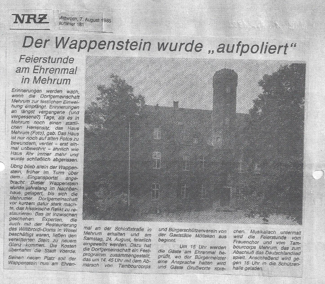 Bericht über den Wappenstein des Hauses Mehrum in der NRZ am 07. August 1985.