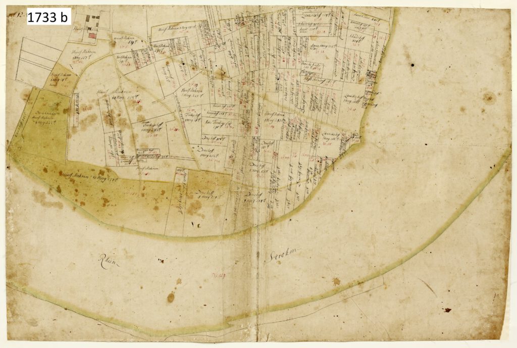 Diese Flurkarte von 1733 zeigt Mehrum mit Flurbezeichnungen mit dem Rhein.