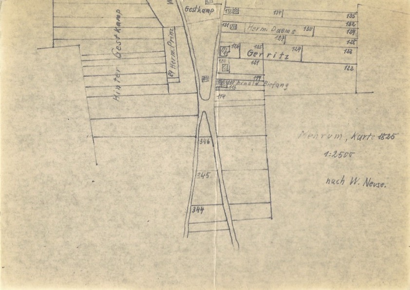 Diese Flurkarte von Walter Neuse mit dem Maßstab 1:2500 zeigt den Ortskern Mehrum 1825.