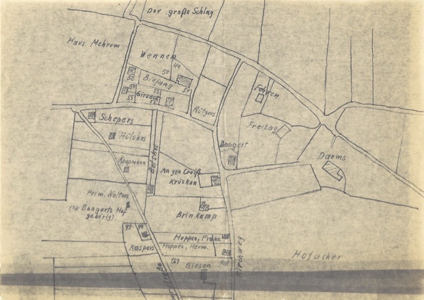 Diese Flurkarte von Walter Neuse mit dem Maßstab 1:2500 zeigt den Ortskern Mehrum 1825.